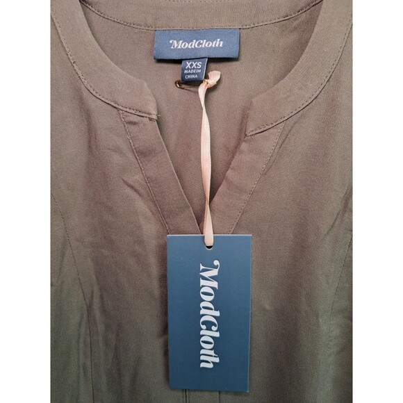 ModCloth Trusty Travel Tie Waist Button Up Top Shirt Olive Green Size XXS - Picture 4 of 12